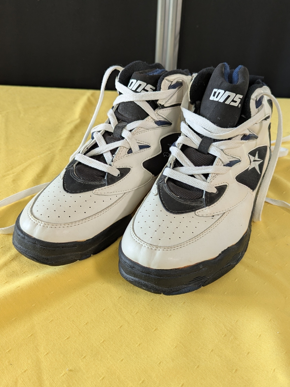 Vintage 90s Converse CONS Mid Basketball Shoes White Black Blue Size 10 Mens